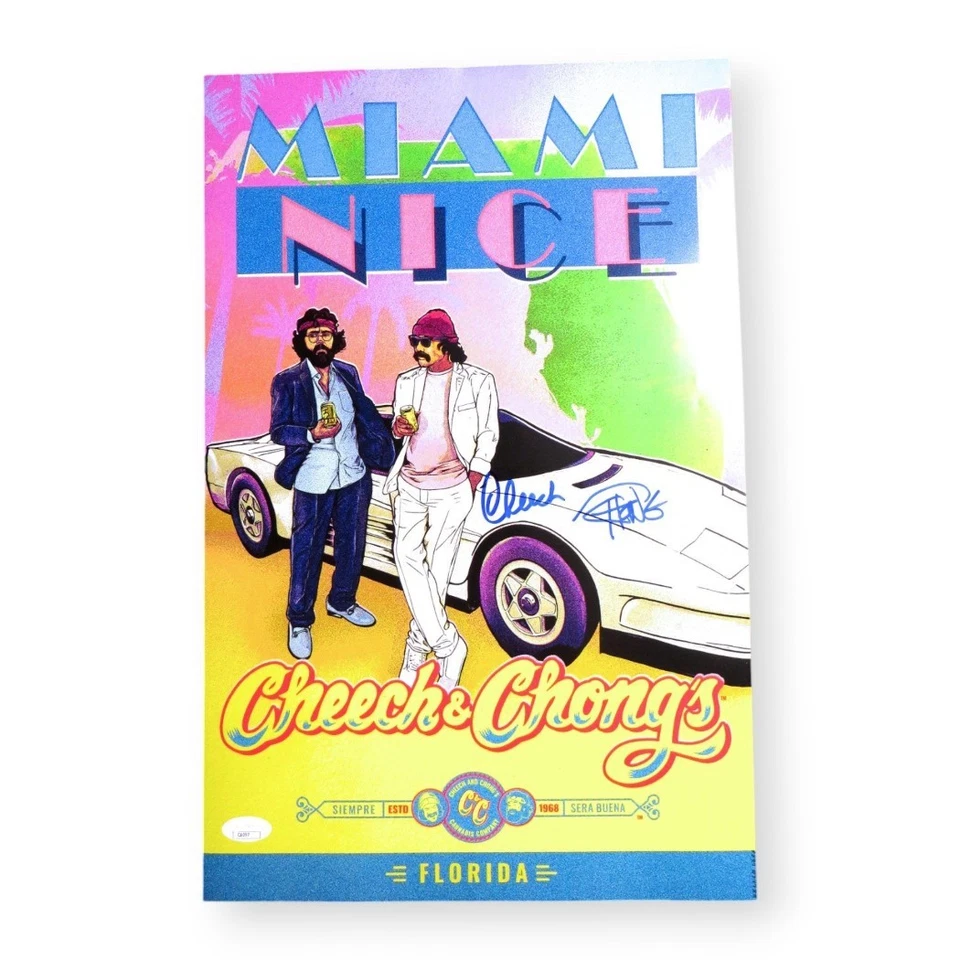 Bonito póster autografiado doble de Cheech Marin y Tommy Chong 11X17 Miami JSA