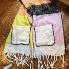 Color Block Scarf w fringe  Pockets Long Wide Chunky Bright Contrast Whipstitch