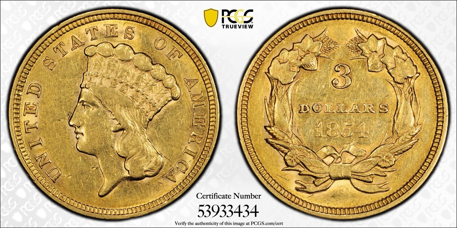 1854 $3 Three Dollar Gold Indian Princess PCGS AU 53 CAC
