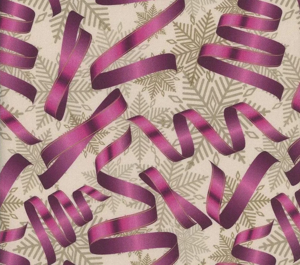 Telas Mook Navidad Cintas Rosa Copos de Nieve Plateados Tela 100% Algodón Por el Foto 3 de 3