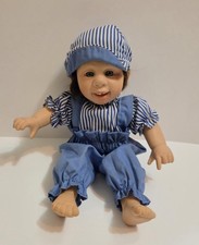 Baby Doll Soft Body Vinyl Head Blue Eyes Striped Overalls Hat Brown Hair