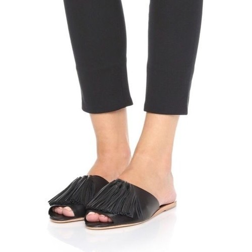 Loeffler Randall Kiki-Pantoletten aus Leder schwarz Damengröße 11 Quasten offene Zehenpartie Schuh
