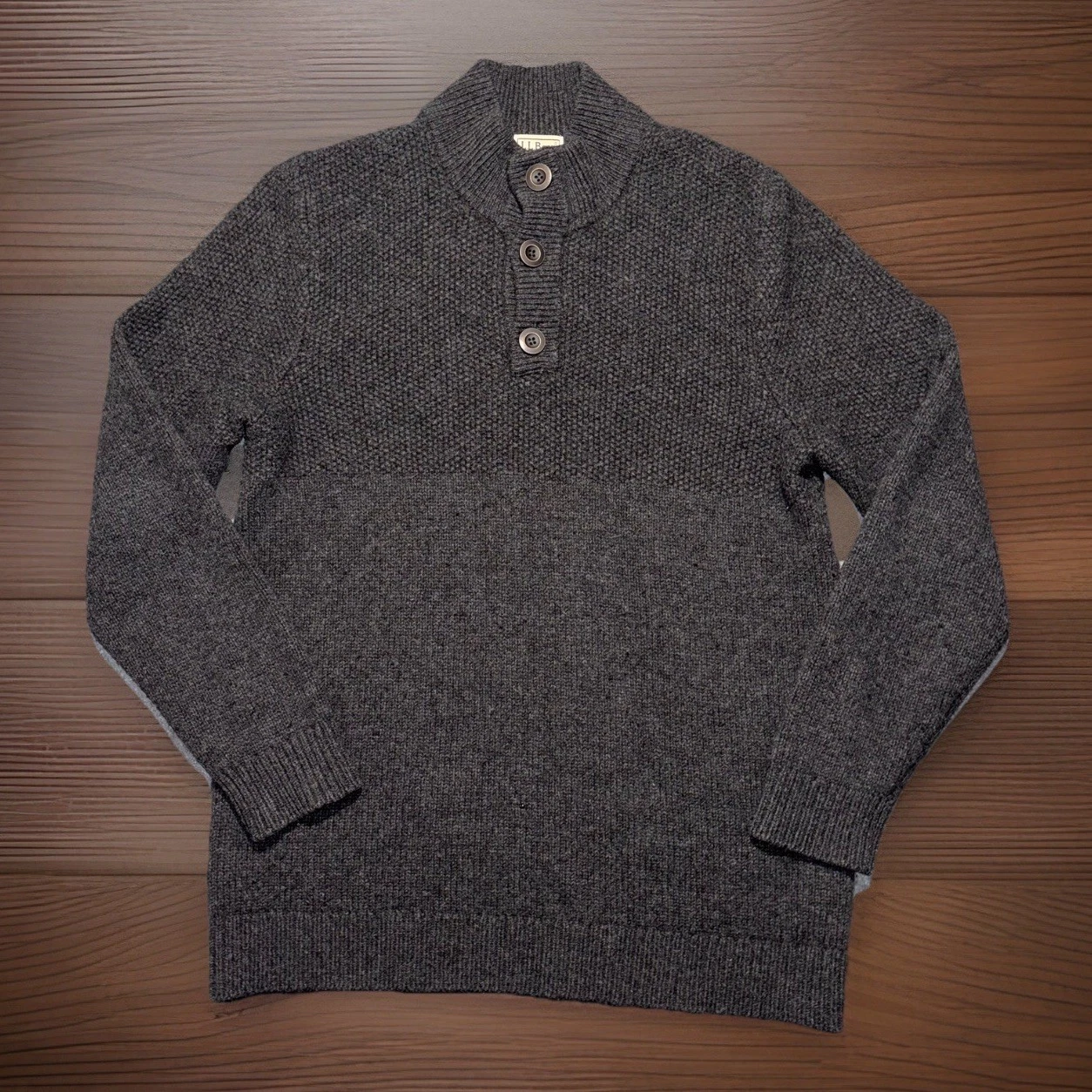L.L. Bean Lambswool Henley Sweater L Tall Gray Mock Neck Button Knit Pullover