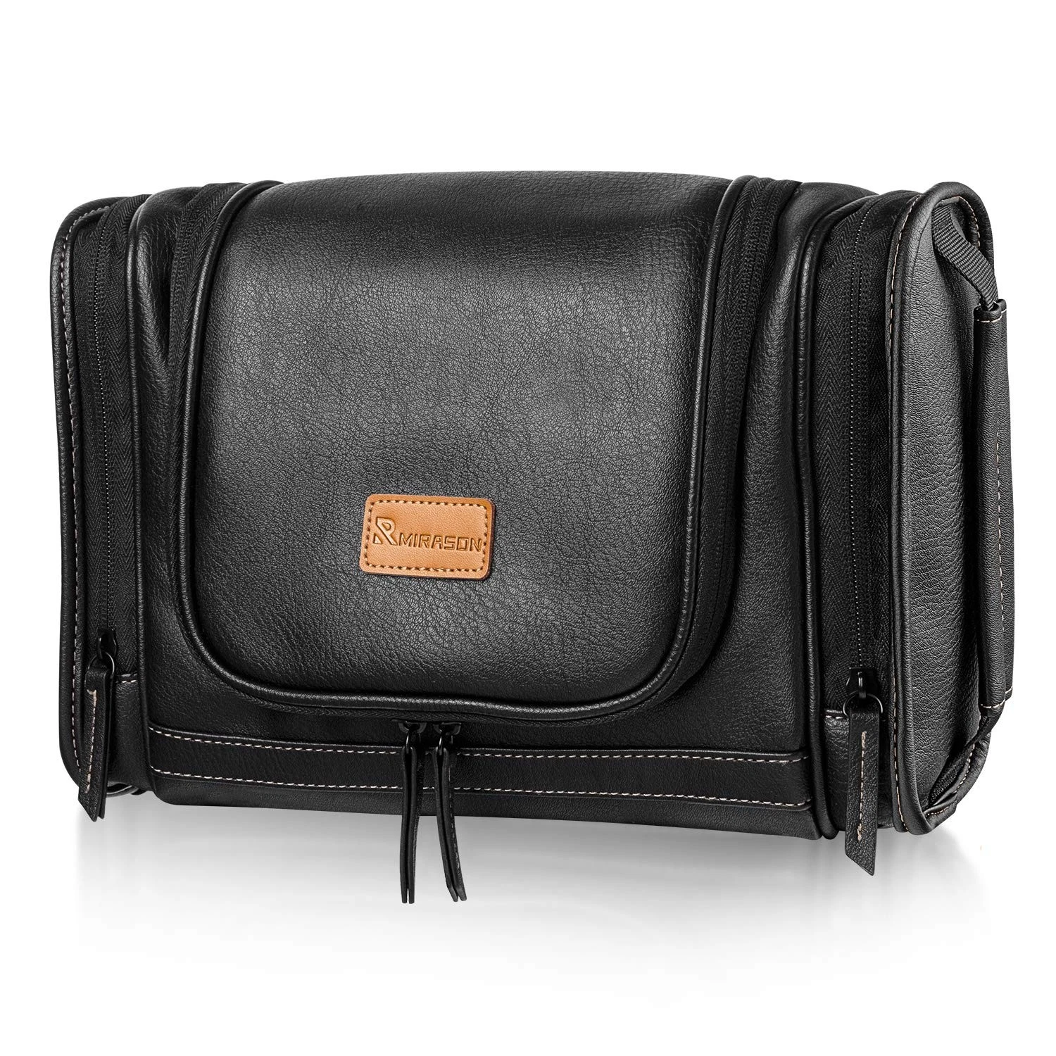 Black Leather Hanging Mens Travel Toiletry Bag Shower Dopp Kit Metal Hook