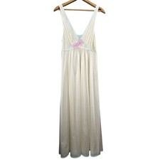 Vtg LORRAINE Maxi Slip Dress Nightgown Off White Nylon Embroidered Nightie USA L