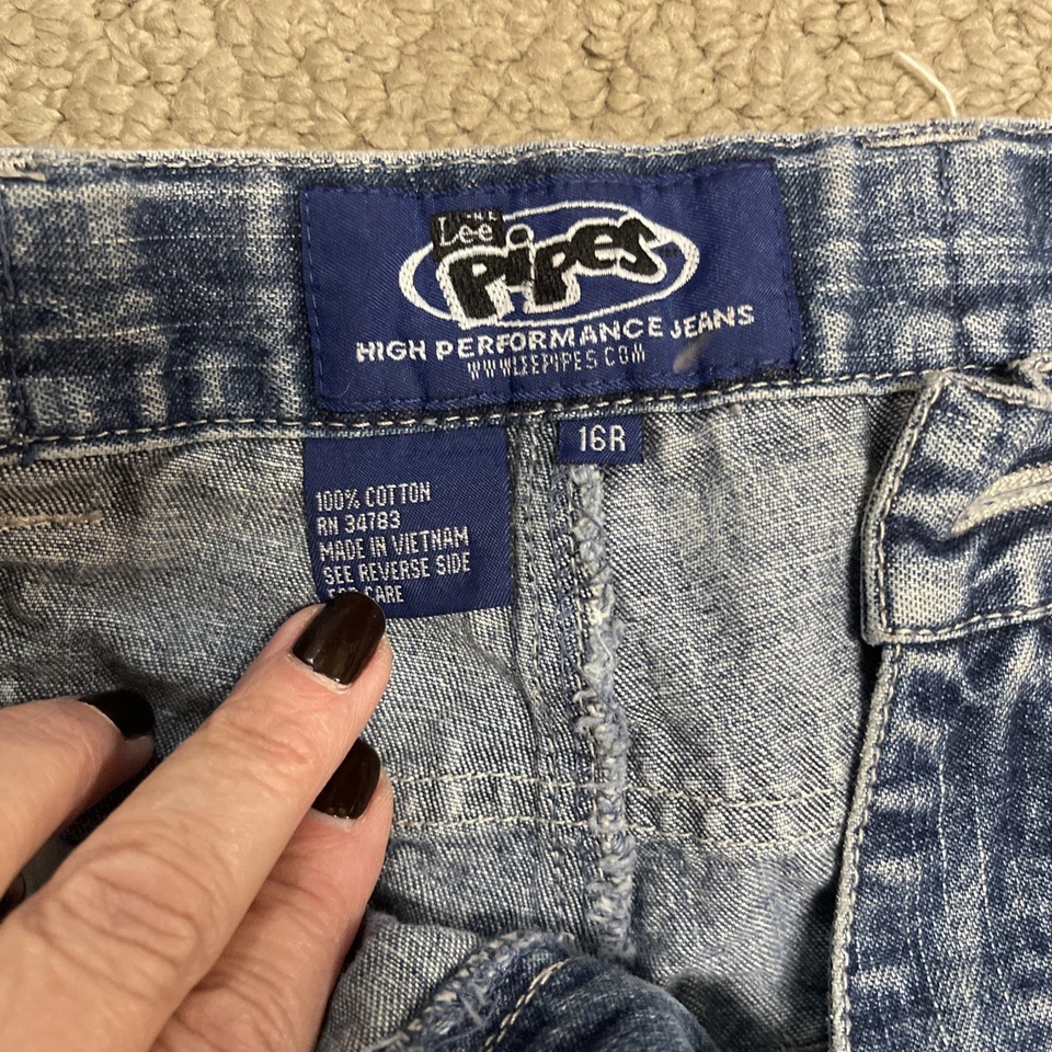 Jeans de mezclilla Lee Pipes Boys 16R lavado claro rojo negro a rayas vintage Y2K Foto 4 de 4