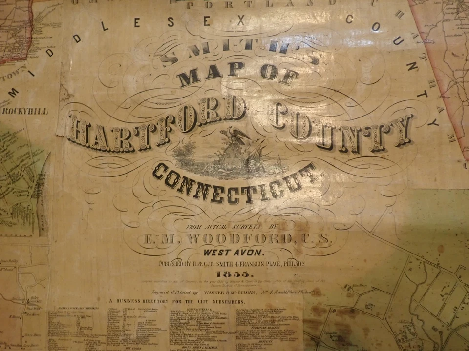 Antique  H & CT Smith 1855 Huge Wall Map Hartford County Connecticut 50" x 70" - Image 4 of 4