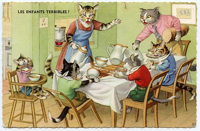 CPA Fantaisie Ancienne - 3 Chats Humanisés, Illustrateur, Paris, Années 1900
