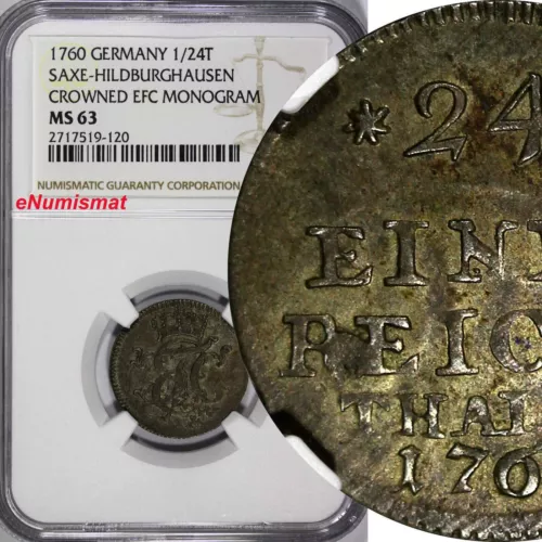 GERMANY SAXE-HILDBURGHAUSEN 1760 1/24 Thaler NGC MS63 TOP GRADED KM# 50 (120)