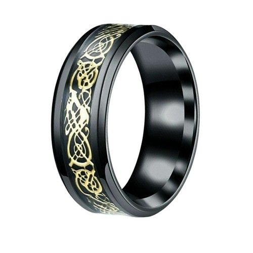 Cool 8mm Blue Black Celtic Dragon Ring – Stainless Steel Wedding Band For Men & Women, Beveled Edges, Hypoallergenic, Size 13 - View #3