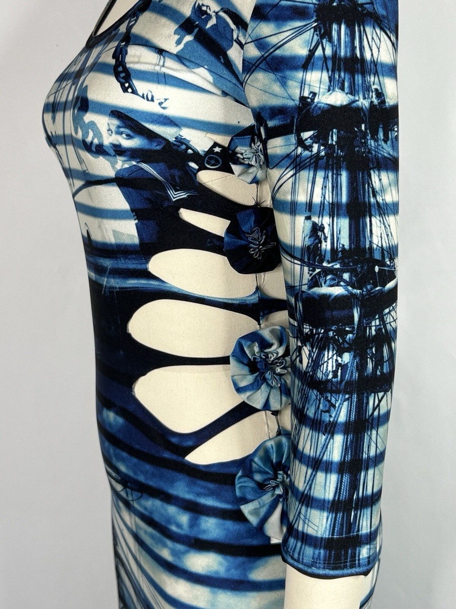 Vtg Jean Paul Gaultier Soleil Blue Striped Sailor Print Cut Out