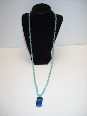 Single-Strand Aquamarine Chip Crystal 34'' Necklace & Blue Agate Pendant #303