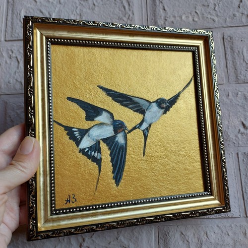 Swallow Bird painting Couple of swallows Art Gold Framed Fly Bird Artwork - Picture 11 of 12