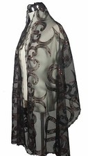 Elegant Oblong Lace Floral Art Scarf Wrap w/ Sequins, Black/Brown