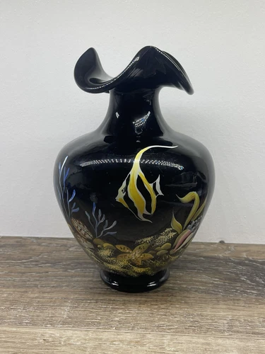FENTON ART GLASS EBONY BLACK UNDER THE SEA HARDMAN VASE