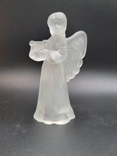 Opaque Frosted Glass Angel With Harp Religious Figurine Statue Church 6-1/2" H