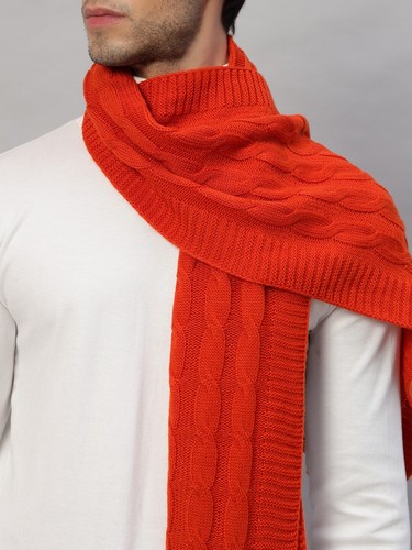 Men's WINTER CASHMERE KNITTED SCARF SOLID ORANGE Made in India Soft Wool Wrap - Afbeelding 4 van 7