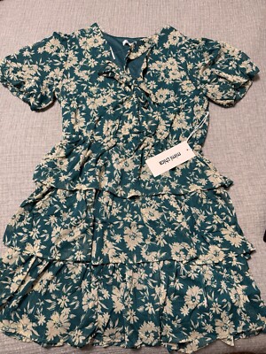 NWT MIMI CHICA Ladies  Green White Floral Print Short Puff Sleeve Dress Size L