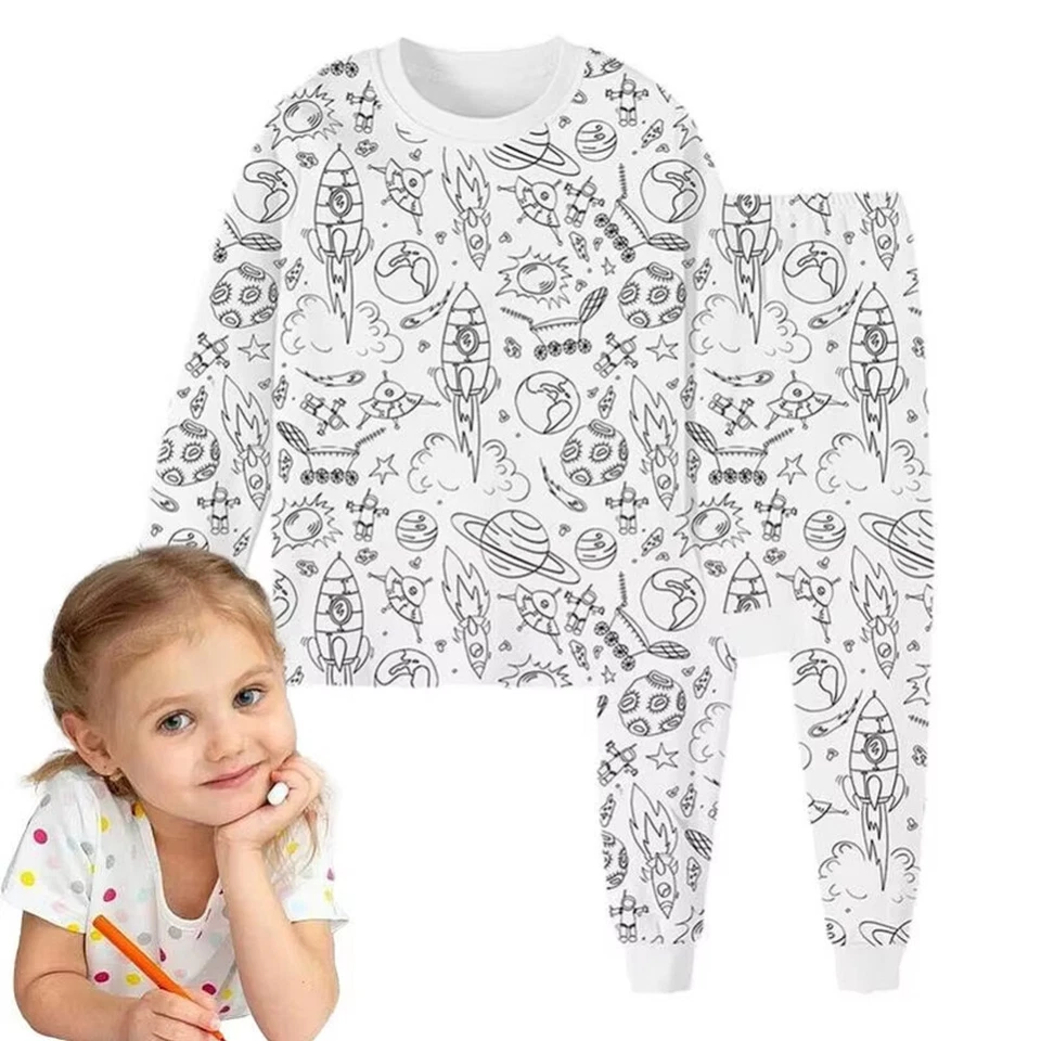 Kids Pajamas Set Coloring DIY Sleepwear Nightwear Boys Girls Cotton Shirt Pants - image 3 of 4