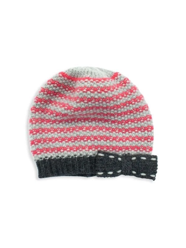 New Portolano Cashmere Baby Girl's Striped Bow Beanie~ Sz 9-12 Months~ Msrp $239