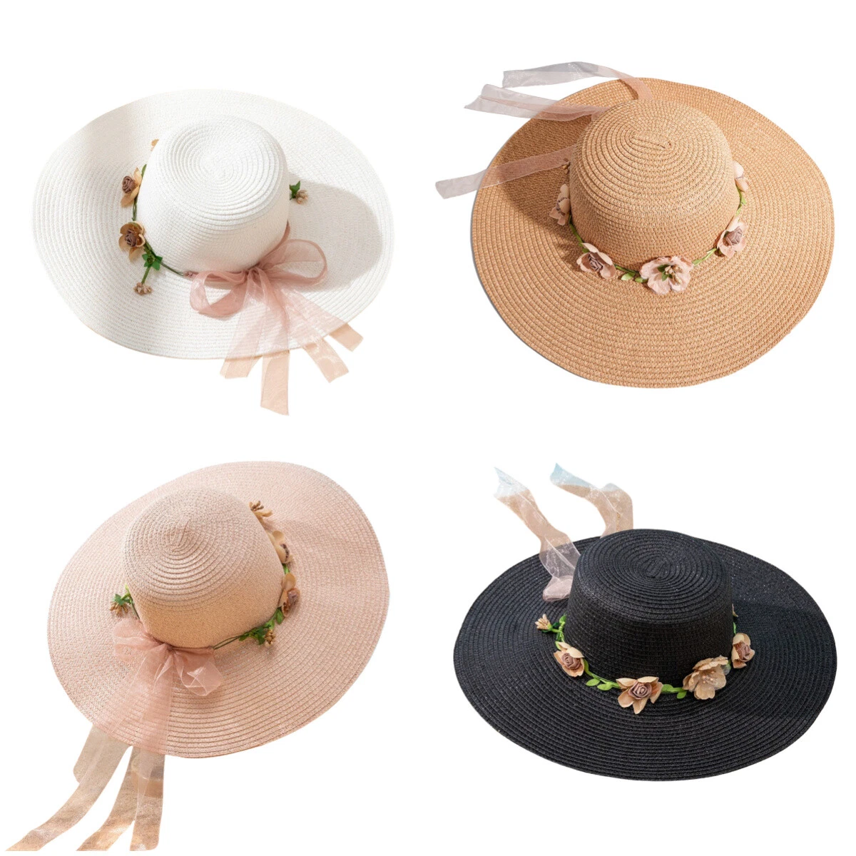 Women's Scalloped Wide Brim Straw Sun Hats Foldable Boho Beach Flower Hat