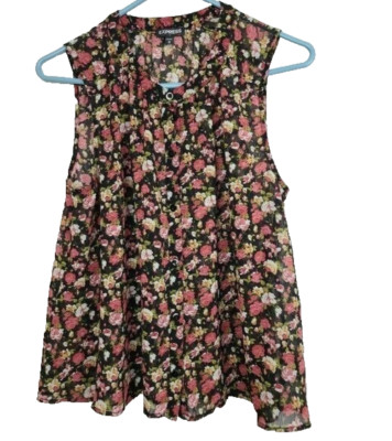 Express Womens Blouse Top Medium Mult Floral Chiffon Flowy Sleeveless Fairy Dark
