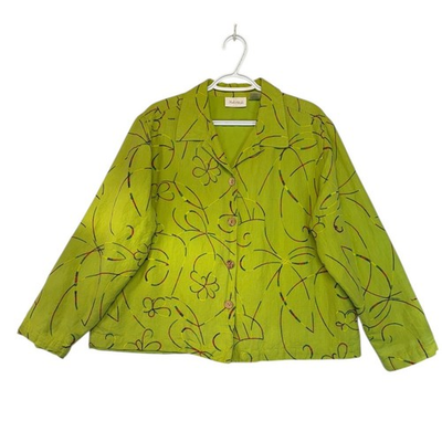 #ad #ad Vintage 90s Lime Green Linen Embroidered Floral Jacket Retro Light Happycore XL $35.00