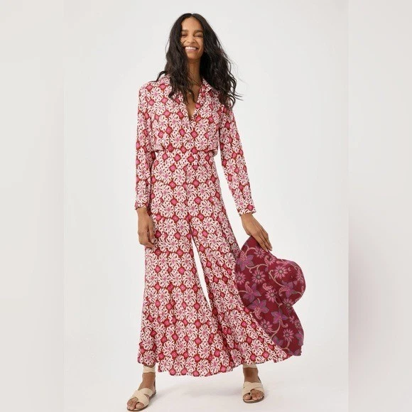 ANTHROPOLOGIE Loveland Mono Pierna Ancha Estampado Floral Rojo Talla 0 Foto 2 de 4