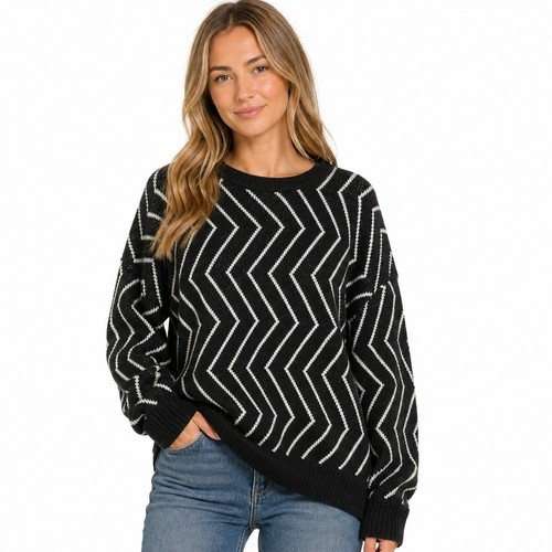 Like Love Womens Zigzag Chevron Crewneck Sweater Black White JOE1-68X Large