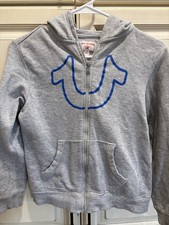 True Religion Boys Gray Full Zip Hoodie Long Sleeve Blue Logo Size S/P