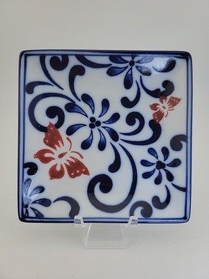 Pier 1~Butterfly Blossom ~Square Trinket Dish 5''X 5'' Hand Painted~Porcelain