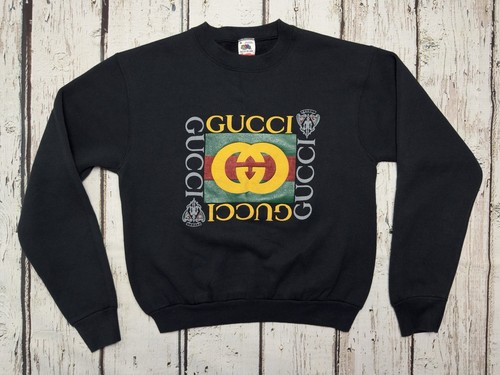 VTG Gucci Bootleg 1980s Fruit Of The Loom Graphic Black Crewneck Sweatshirt - M