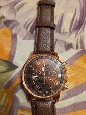 Womens Geneva Gold Tone Analog Watch With Roman Numerals Leather Band