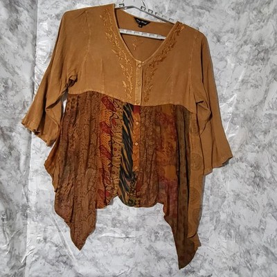 Young Threads Tunic Top Womens 2X Brown Multicolor Embroidered Boho Asymmetrical