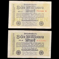 2x 1923 Germany 10 Million Mark Berlin WWI Pre WWII Banknote Paper Money Kaiser