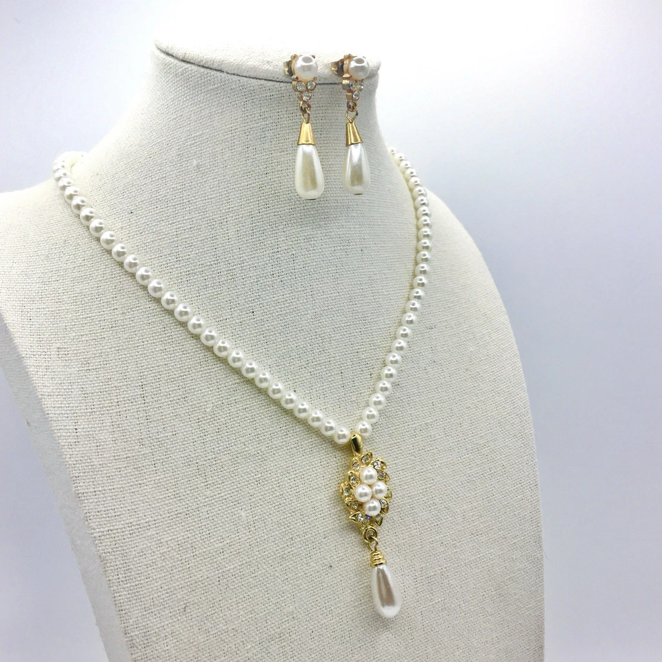 Conjunto de Pendientes Colgantes Collar Perla Gota Simulada Tono Oro Filigrana Foto 2 de 4