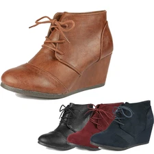 Women Low Wedge Heel Ankle Boots Lace Up Comfort Casual Booties
