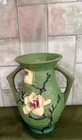 Roseville Magnolia Pottery Vase 90-7 Green Handled Embossed Floral Design