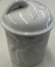 White Ceramic Canister Jar w/ Lid, Floral Embossed