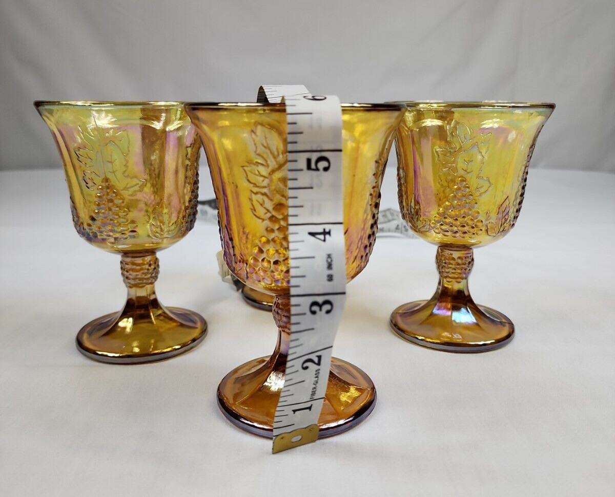 Vintage Gold Iridescent Indiana Carnival Glass Goblet Harvest Grape Set Of 4