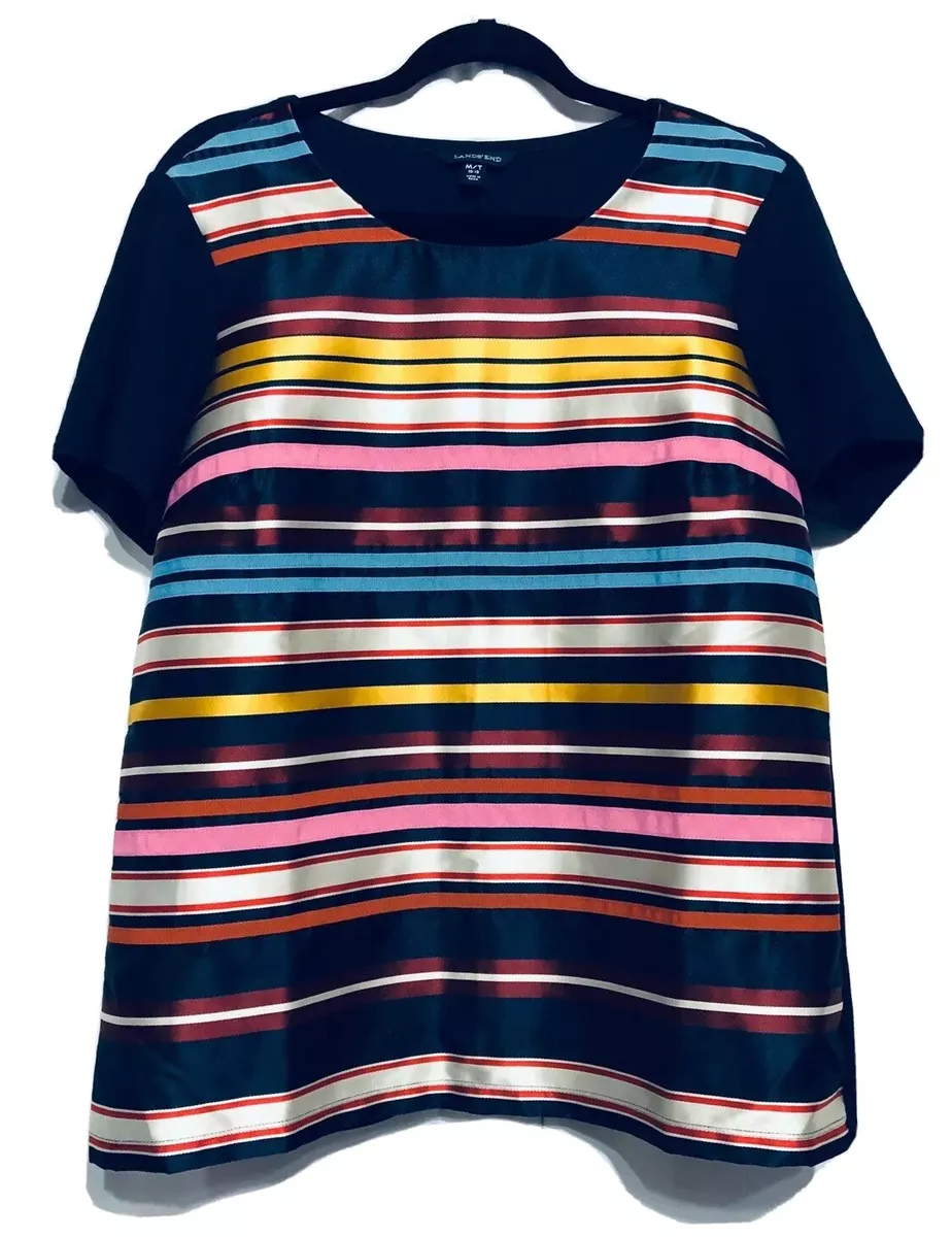 Lands End Womens Medium Ribbon Stripe Blouse Short Sleeve Blue Boho Festival