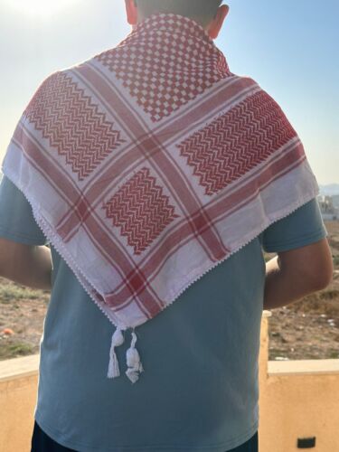 Bufanda árabe roja Shemagh Keffiyeh todo original hecha en Palestina algodón Kufiya nueva - Imagen 9 de 12