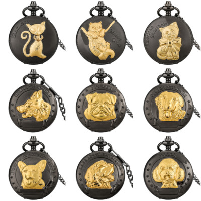 Vintage Stil süße Katze/Hund Tier Design Unisex Quarz Taschenuhr Anhänger Kette