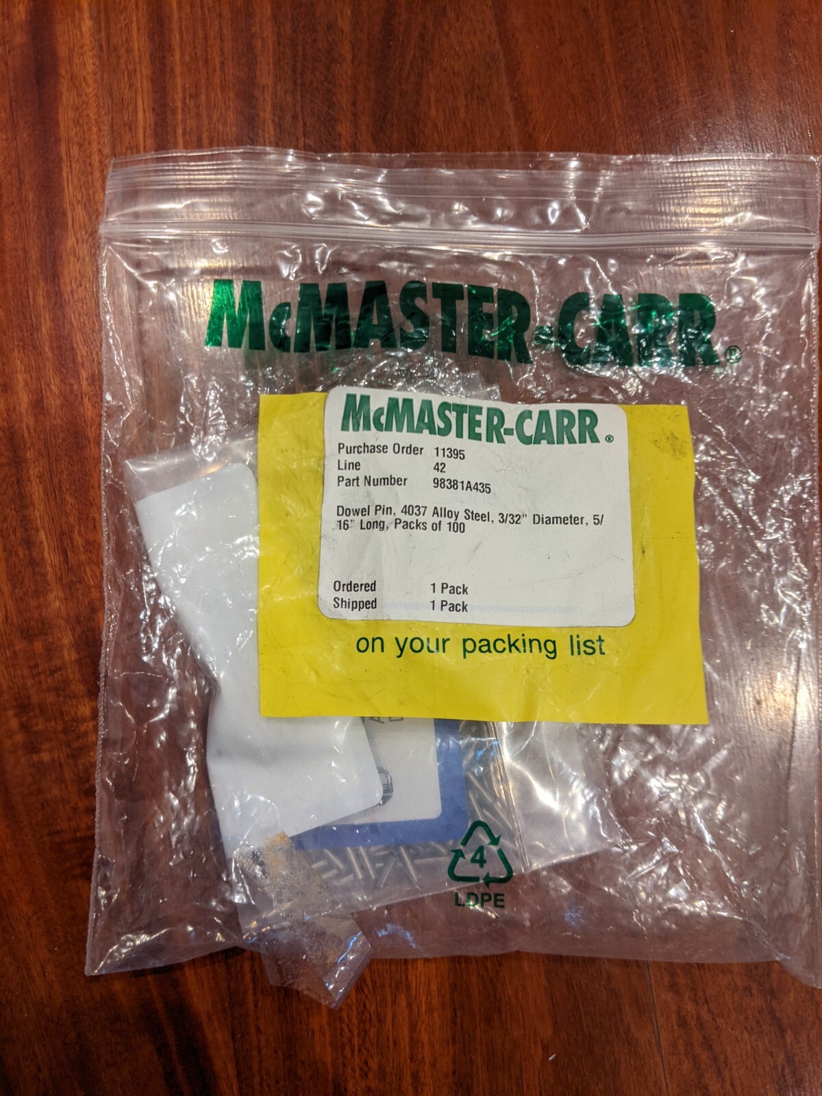 (25Pk) McMasterCarr Dowel Pin Alloy Steel 1/4" Dia. /4" Long