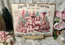 North Pole Express Santa Retro Pink Christmas , Handcrafted Plaque/ Sign