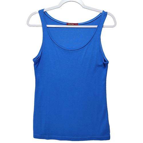 Barbara Lesser Slub Knit Tank Top Womens S Rolled Edges Cotton Modal Blue USA