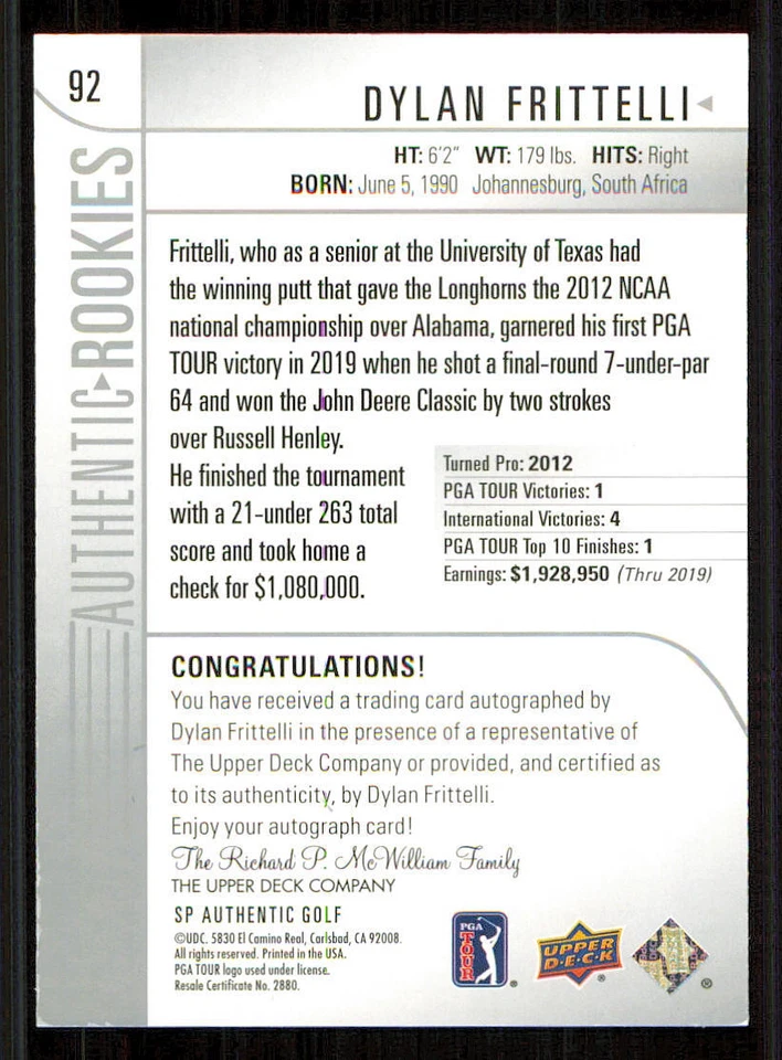 2021 SP Authentic #92 Dylan Frittelli AU /799 - Image 2 of 2
