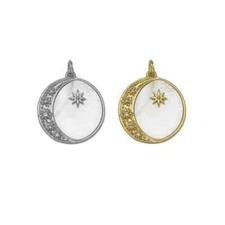 Gold CZ Cresent Moon North Star ON Round MOP Charm, Sku#Z1459