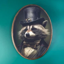 STEAMPUNK RACCOON WOODEN DECOR, Gothic Wood Plaque, Fantasy Animal Hat Wall Art