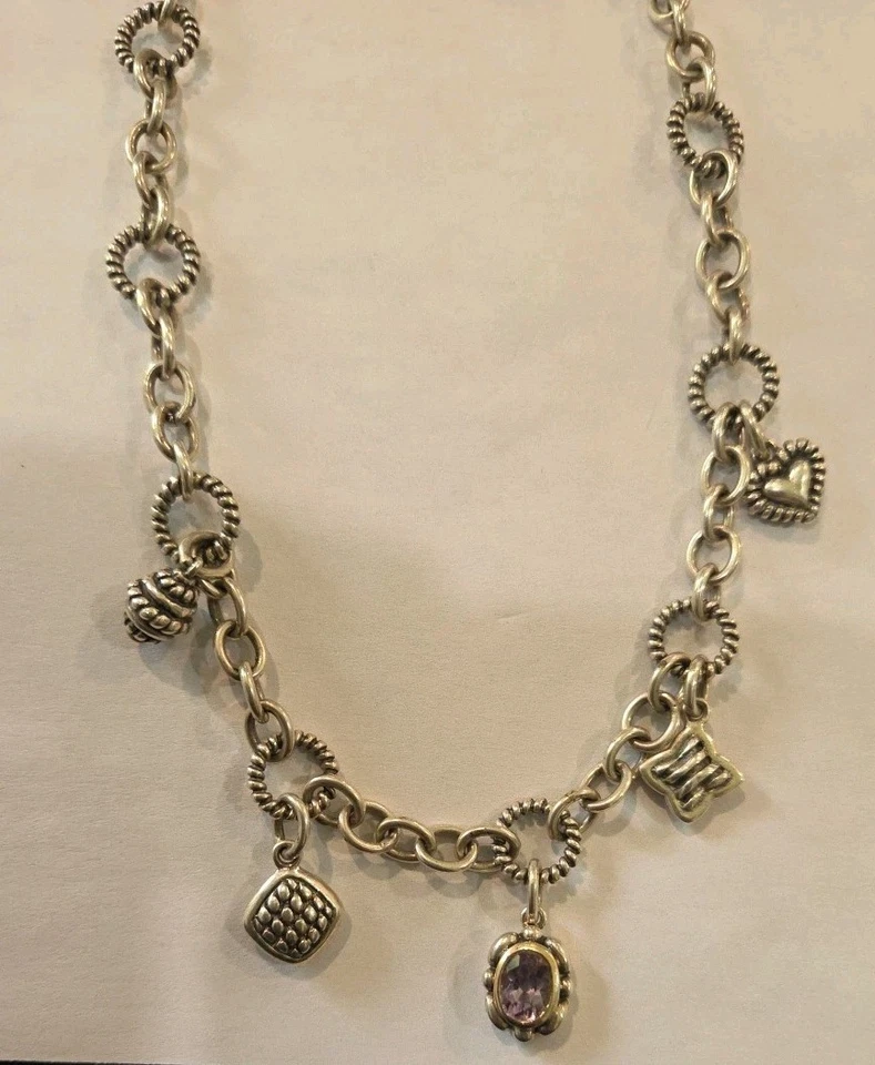 Collar vintage de plata esterlina de 16" con dije de palanca corazón amatista bellota 40,3 g Foto 4 de 4